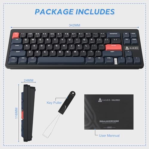 A.JAZZ AKL680 65% Low Profile Wireless Mechanical Keyboard, BT/2.4Ghz Dual Mode 68 Keys Gaming Keyboard with Ultra-Thin Blue Switches for PC/Laptop/Windows/Mac(Blue/Black) - color: Blue/Black/Blue Switch