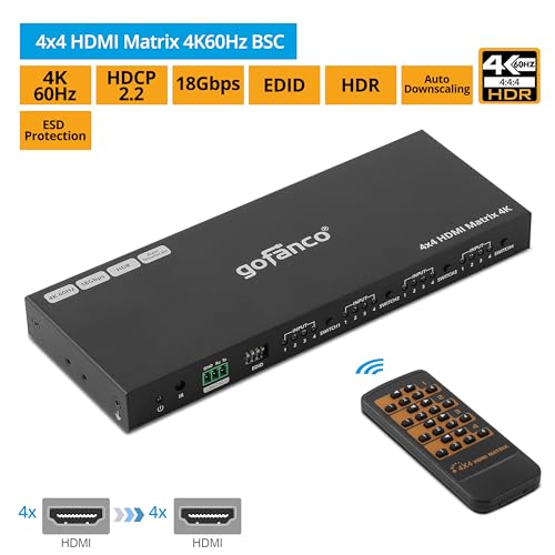 gofanco 4K60Hz 4x4 HDMI Matrix Switch (Matrix44HD2-BSC) | Up to 4K60Hz 4:4:4, HDR, HDCP 2.2/1.4, Auto Downscaling, EDID Management, 7.1ch Audio, Atmos, Lightning/Surge/ESD Protection - size: 4K 60Hz 4x4 BSC
