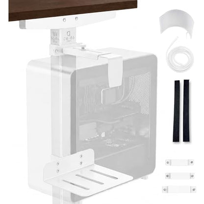 DEHAGLOBAL Clamp Mount Under Desk Pc Mount, Adjustable Height and Width No Drilling 50 lb Capacity with Non-Slip Pads & Cable Organizer for Standing Desk (White, 65mmx45mm)