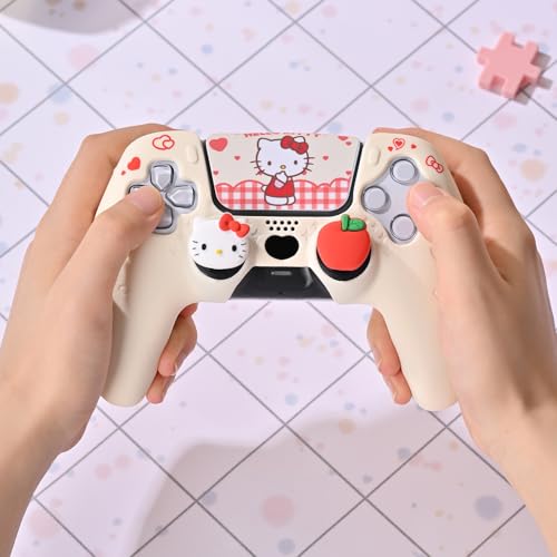 Kuitmor Silicone PS5 Controller Cover Skin Set, Anti-Slip Soft Protective Case for PS5 Wireless Controller with 2 Thumb Grip Caps and 1 Sticker (Beige Hello Kitty) - color: Beige Hello Kitty