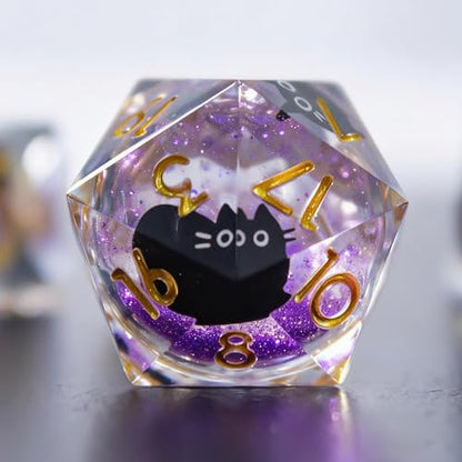 Liquid Core Dice,Cat DND Dice Set with Box,7Pcs Resin Dungeons Dragons D and D Dice, Sharp Edge Role Playing Game Dice D20 D12 D10 D8 D6 D4. (Purple) - color: Purple