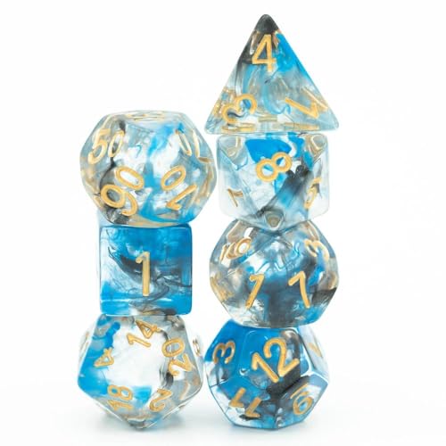 UDIXI DND Dice Set 7PCS Resin Polyhedral D&D Dice for Role Playing Games | Blue Black Colors, Dreamy Effect, Velvet Dice Bag Packaging, for Dungeons and Dragons Role Playing Games and Tabletop Games - color: S-blue and Black