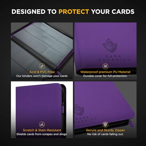 Card Guardian - 9 Pocket Premium Black Binder with Zipper for 360 Cards - Side Loading Pockets for Trading Card Games TCG (Purple) | Holds 360 Cards, Side Loading, For TCG & Football, Premium Card Collection - color: Purple