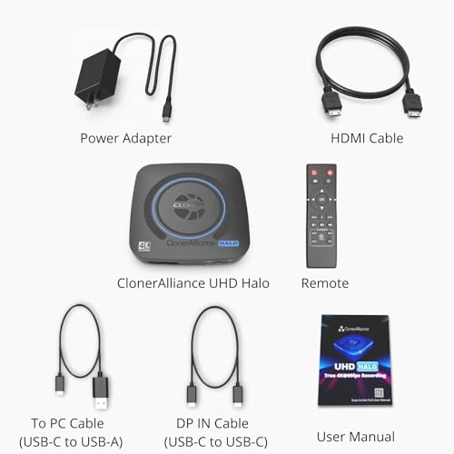 ClonerAlliance UHD Halo, 4K@60fps Standalone Video Recorder with H.265/H.264 Codec, HDMI & Mobile Dual Capture, 4K@60fps Passthrough, Audio Extract/Mix.