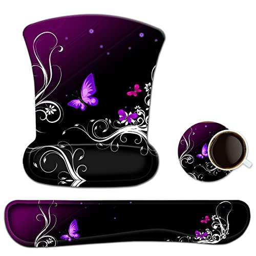 ToLuLu Keyboard Wrist Rest Pad Ergonomic Mouse Pad Set, Mouse Pad for Computer Laptop, Non Slip Mousepad Keyboard Wrist Support with Raised Memory Foam for Easy Typing Pain Relief, Purple Butterfly - color: Purple Butterfly