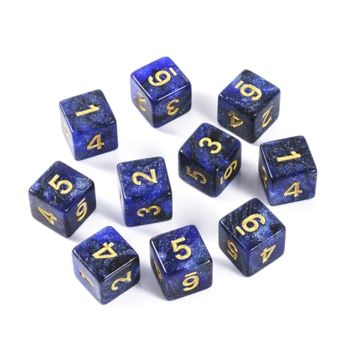 10 Pieces Polyhedral Dice Set D6 Dice 16mm Acrylic 6 Sided Dice Game Dice for Dungeons and Dragons RPG MTG DND Dice Table Games (Starry Blue Black) - color: Starry Blue Black