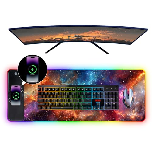 Wireless Charging RGB Gaming Mouse Pad, 31.5 x 11.8 Inch Extended Mouse Mat with Galaxy Nebula Design, LED Desk Pad with 7 Lighting Modes, Non-Slip Base for Gaming & Office - color: 01