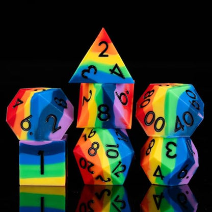 Silicone D&D Dice,Polyhedral DND Dice Set,Rubber Sharp Edges Soft Perfect Bouncer for Dungeons and Dragons, RPG, MTG (D4, D6, D8, D10, D12, D20, D%) for Ages 15 and Up - color: Rainbow 2