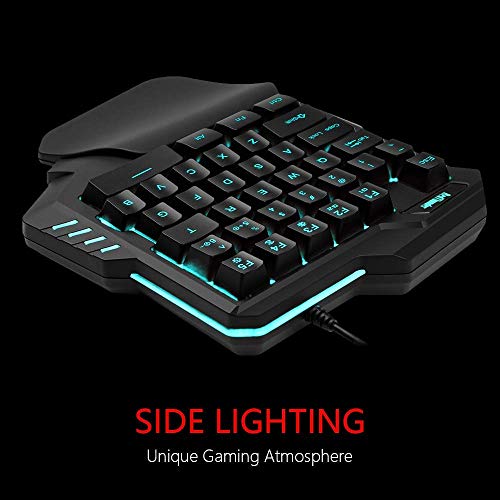 MFTEK One-Handed RGB Gaming Keyboard, USB Wired Letters Glow with Wrist Rest Support Multimedia 35 Keys Mini Gaming Keypad, Backlit Ergonomic Mechanical Feel & 6400 DPI Programmable Mouse Combo Set