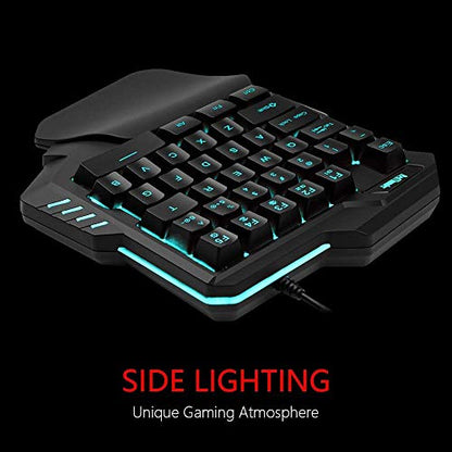 MFTEK One-Handed RGB Gaming Keyboard, USB Wired Letters Glow with Wrist Rest Support Multimedia 35 Keys Mini Gaming Keypad, Backlit Ergonomic Mechanical Feel & 6400 DPI Programmable Mouse Combo Set