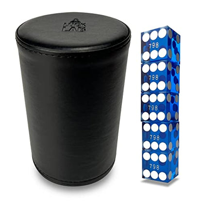 Luck Lab Black Leather Dice Stacking Cup with 5 Serialized Razor Edge 19 mm Casino Dice - Pro Straight Cup for Stacking and Magic Tricks (Blue Dice) - color: Blue Dice
