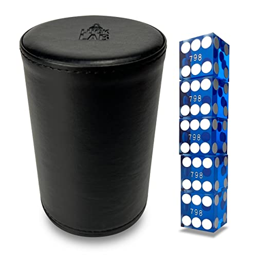 Luck Lab Black Leather Dice Stacking Cup with 5 Serialized Razor Edge 19 mm Casino Dice - Pro Straight Cup for Stacking and Magic Tricks (Blue Dice) - color: Blue Dice