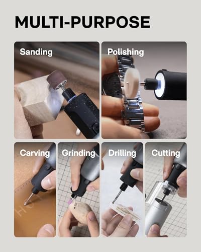 HOTO Cordless Rotary Tool Kit, 5-Speed for 3D Printer Sanding & DIY | Strong Motor Engraving Pen, 5000-25000RPM, LED Light, UBS-C, 35-in-1 Storage Bag for Polishing, Drilling, Carving, Cutting