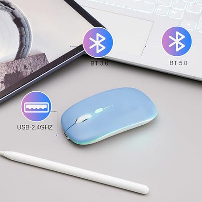 Wireless Bluetooth Mouse, Rechargeable Computer Mouse, Blue | Dual Mode - BT5.2 & 2.4G,Long Lasting,Silent RGB LED Mice,Slim Portable Mouse for Laptop,PC,Tablet,MacBook,iPad,Apple Devices - color: Blue