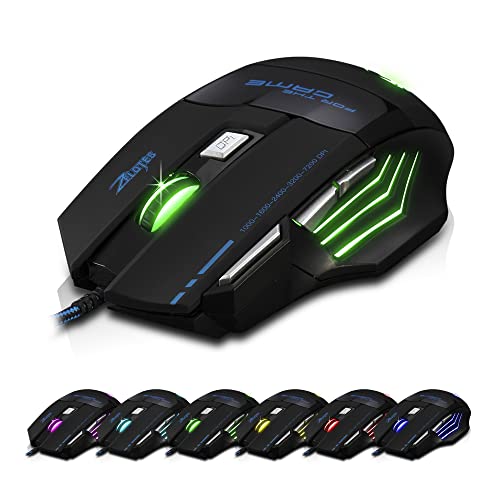 zelotes Ergonomic Gaming Mouse with Rapid Fire Button, 7200 DPI(5-Level Adjustable), 7 Buttons,LED Lighting, USB Wired Optical Mouse for Office/Gaming, Compatible with Laptop/PC (Black)