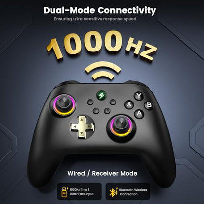 Wireless PC Controller with Charging Dock - Dual Hall Effect for Zero Drift, 1000Hz Low Latency, Ergonomic RGB Design for Windows PC/Steam/Switch/Android/iOS - color: Black and Yellow-with Charger