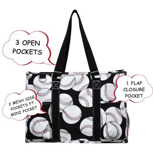 NGIL Utility Water Resistant Tote Bag | Work Tote for Women, Nurse Bag, Teacher's Choice Purse, Gym Bag, Everyday Organizer Top Zipper Closure - color: Baseball- Black