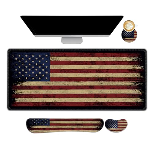 Desk Mat Pad, Gaming Mouse Pad Wrist Support Set, 4 in1 Non-Slip XXL Large Mousepad + Ergonomic Keyboard Wrist Rest+Mouse Wrist Rest+Coaster for Home Office PC Computer I Vintage American Flag - color: Vintage American Flag