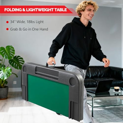 PEXMOR 34" Foldable Mahjong Table Portable, 4 Player Card Game Table w/Cup Holders & Chip Grooves, Tabletop Foldable, Poker Board Game Domino Table for Blackjack, Texas Hold'em (Black) - color: Black
