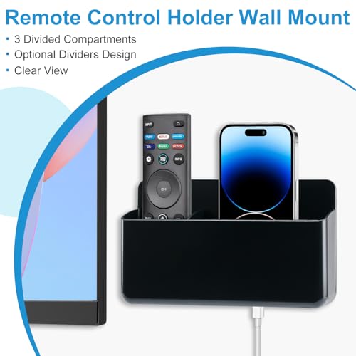 3 Slot Adjustable Remote Holder Wall Mount, TV Controller Holder Hollow Bottom Slot Easy Phone Charging, Adhesive Remote Control Holder, Wall Pen Holder for Office School Home (Black) - color: Black