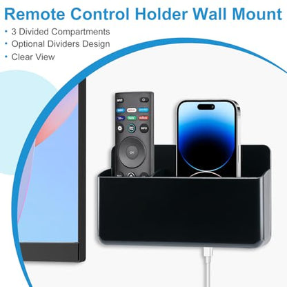3 Slot Adjustable Remote Holder Wall Mount, TV Controller Holder Hollow Bottom Slot Easy Phone Charging, Adhesive Remote Control Holder, Wall Pen Holder for Office School Home (Black) - color: Black