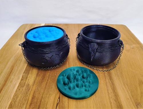 Witch's Cauldron Bowl with Bubbling Potion Lid and Chain - Spooky Halloween Goth Decor - RPG Dice Holder Stash Storage (6in Raven Skull) - size: 6in Raven Skull