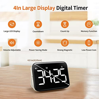 VOCOO Magnetic Kitchen Timer for Cooking with Count Up Countdown, Digital Timer Battery Powered with Large Display, 2 Brightness and Volume Levels for Classroom, Teacher, Kids - color: Cool White