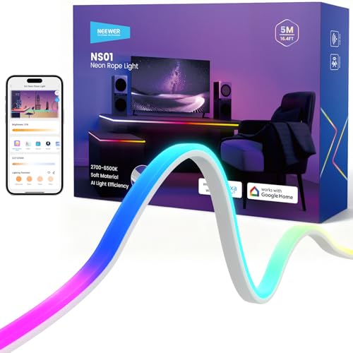 NEEWER NS01/16.4ft/5m LED 스트립 조명 전면 조명, 스마트 AI 앱 컨트롤 RGB IC 절단 가능한 네온 로프 조명 색상 변경 침실 게임 룸 가정 실내 벽 장식, 구글 및 알렉사와 호환 - size: 16.4피트/5m