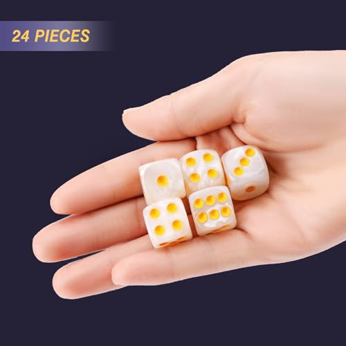 24 of Pack 16MM 6 Sided Dice Set,Pearl Pattern D6 Game Dice Set, 6 Sided Standard Dices for Yahtzee, Bunco or Teaching Math,with Portable Dice Pouch(White Pearl) - color: 16mm White Pearl