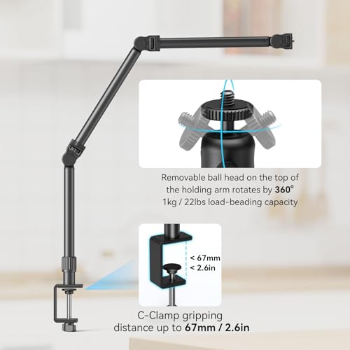 SMALLRIG Overhead Camera Mount, Camera Desk Mount Stand with Flexible Arm, 360° Rotatable Ball Head, DSLR Boom Arm Tabletop C Clamp for Photography Videography Live Stream - 4456 - style: Clamp 4456
