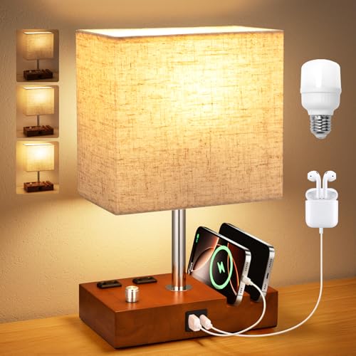 Brown Wood Grain Bedside Lamp - Stepless Dimmable, USB C+A, 2 AC Outlets | Dimming By Rotary Knob, USB C+A Ports, 2 Phone Stands, LED Bulbs Included, Rectangle Beige Lampshade, for Living Room, Desk - color: Brown Wood Grain with Knob Switch, size: 1 Pack