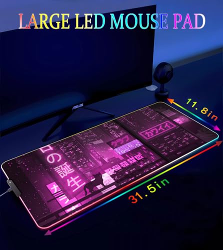 RGB Gaming Mouse Pad, Large Mousepad with Led Light, Gaming Accessories Keyboard Pad for Desk, Non-Slip Rubber Base Big Mouse Mat for Gamer, 31.5 X 11.8 Inch, Purple Anime - color: 13 Purple Anime