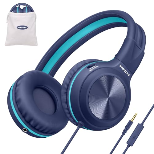SIMOLIO Manyshare Series- Wired Kids Headphones for School with Microphone, Volume Limiting & Noise Cancelling PC Headset with Cord & Carry Pouch, Plug in Headphones for Tablet, Laptop (Navy Blue) - color: Dark Blue 3.5mm