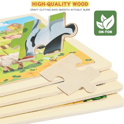 Wooden Puzzles for Kids Ages 4-6, 24 Piece Vehicle Car Construction Jigsaw Puzzles 4 Packs, Preschool Toddlers Learning Activity Puzzles Toys for Boys Girls 3 4 5 6 Years Old (Dinosaurs+Farm+Ocean) - color: Dinosaurs+farm+ocean