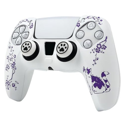 Cat Among Blossoming Branches Controller Skin Cover Compatible with PS5/Playstation 5 Controller, RALAN Protector Case Customised Thumb Grip - color: Cat White Purple