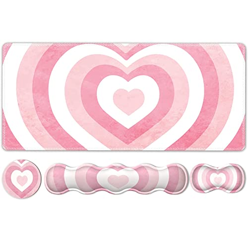 iLeadon Desk Mat Set, Pink Heart Mouse Pad and Keyboard Wrist Rest | Large Gaming Mouse Pad + Keyboard Wrist Rest + Mouse Pad with Wrist Support + Coaster,Easy Typing Pain Relief - color: Pink Heart