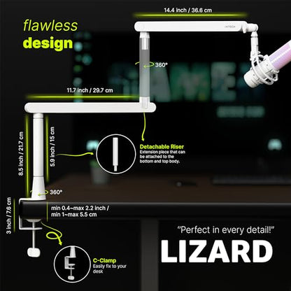 White Microphone Boom Arm Stand Low Profile Boom Arm Adjustable Mic Stand with Built In Cable Management 360° Swivel Mic Arm. - color: 2 LIZARD