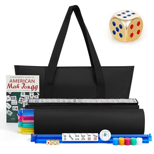 American Mahjong Tile Set, Mah Jong Set Complete with Bag, 166 White Tiles with Golden Dices for Travel, 4 All-in-One Mahjong Racks with Pushers (Black) - color: Black