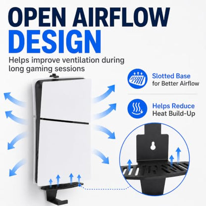 Heavy-Duty Steel Wall Mount Kit Compatible with PS5 Slim, Pro and Original | Secure EVA-padded support, complete install kit, easy setup, open airflow, holders for 2 controllers and headset - color: Black
