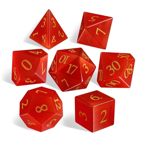 Cat's Eye Red Dice Set, 7-Piece Handcrafted Polyhedral Dice with Gold Engraving, Ideal for D&D, RPG, MTG & Tabletop Games, Gift Box Included (Cat's Eye-Red) - color: Cat's Eye-red