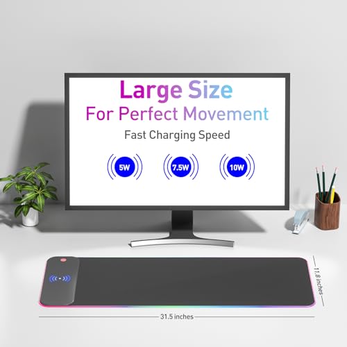 Wireless Charging RGB Gaming Mouse Pad 10W, 10 Light Modes Extra Large Mousepad,LED Mouse Mat 800x300x4MM, Non-Slip Rubber Base Computer Keyboard Mat for Gaming, PC, Laptop, MacBook,Desk.
