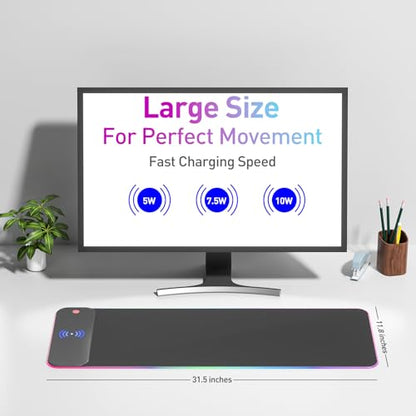 Wireless Charging RGB Gaming Mouse Pad 10W, 10 Light Modes Extra Large Mousepad,LED Mouse Mat 800x300x4MM, Non-Slip Rubber Base Computer Keyboard Mat for Gaming, PC, Laptop, MacBook,Desk.