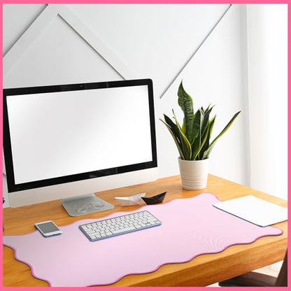 Hahafelt Scalloped Desk Mat Large Desk Pad Cute Coquette Table Mat Back to School Preppy Table Make up Pad Nonslip Graduation Gift with Stitching Waterproof Gaming(Pink,36 x 17 Inches) - color: Pink, size: 36 x 17 Inches