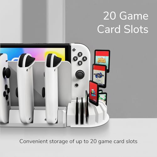 TNP Nintendo Switch Charging Dock, 4 Joy-Con Slots, 20-Card Holder, White | Joy-Con charging station for Nintendo Switch and Switch OLED with LED indicators, USB dock connection, and 4-slot capacity.