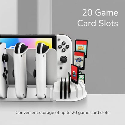 TNP Nintendo Switch Charging Dock, 4 Joy-Con Slots, 20-Card Holder, White | Joy-Con charging station for Nintendo Switch and Switch OLED with LED indicators, USB dock connection, and 4-slot capacity.
