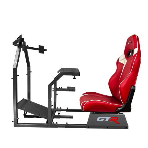 GTR Simulator GTA-F Racing Cockpit | Silver Frame with Triple/Single Monitor Stand | Adjustable Leatherette Seat | Stable & Ergonomic | Compatible with All Wheels & Pedals for PC & Console - color: Black, Red White