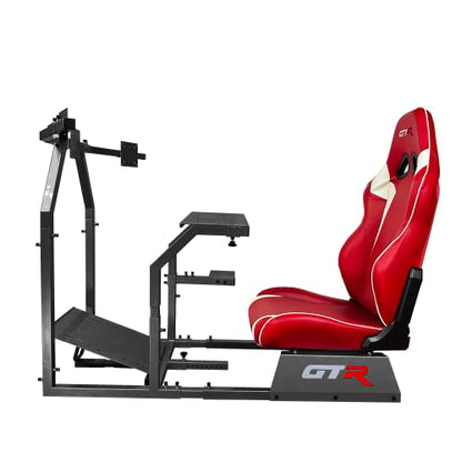 GTR Simulator GTA-F Racing Cockpit | Silver Frame with Triple/Single Monitor Stand | Adjustable Leatherette Seat | Stable & Ergonomic | Compatible with All Wheels & Pedals for PC & Console - color: Black, Red White