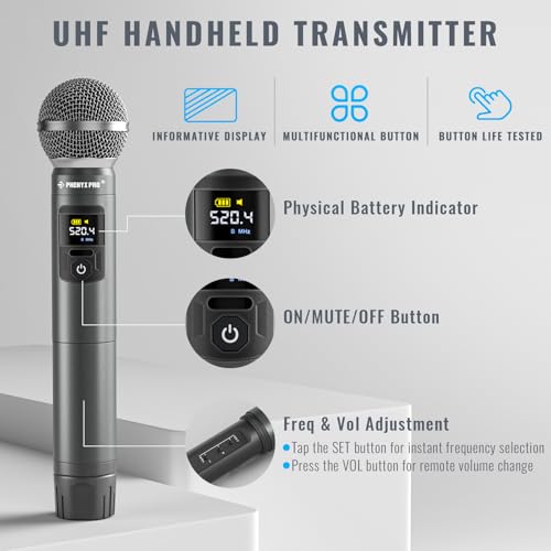 Phenyx Pro Wireless Microphone System,Metal Wireless Mic Set w/Handheld/Bodypack/Headset/Lapel Mics,2 x 30 UHF Frequencies, 200 ft Range, Cordless Mic for Singing, Karaoke, Church (PTU-52-1H1B)