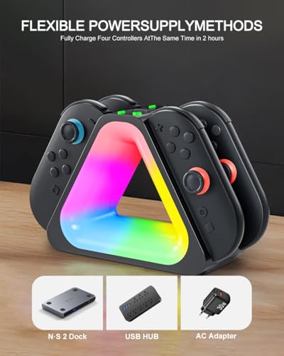 Charging Station for Nintendo Switch 2 Joy Con, Dock for Joy Con Dual-Direction Magnetic Fast Charging Station with 7 Light Modes, Extended Controller Charger Stand for Nintendo Switch 2 Accessories