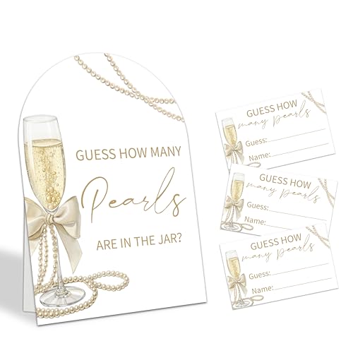 Guess How Many Pearls Are In The Jar Game Set, 50 Guess Cards With 1 Standing Sign, Champagne & Pearls Bridal Shower Wedding Bachelorette Engagement Party Decor & Activity Supplies - A02 - color: Champagne & Pearls